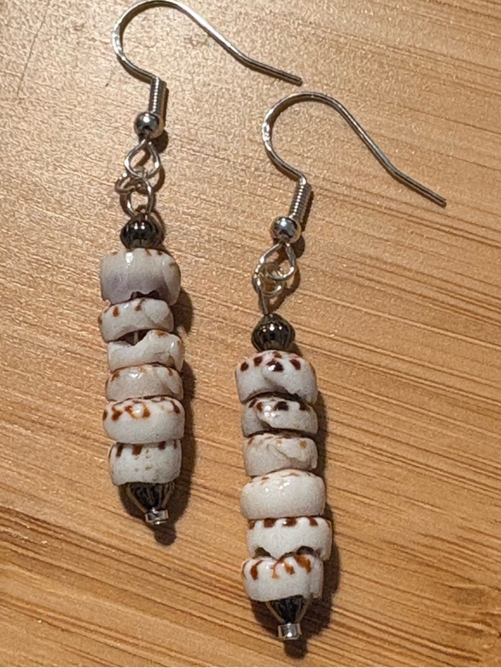 Hand Crafted Earrings Puka Stacked Seashell Silver Dangles Sea Ocean Islands